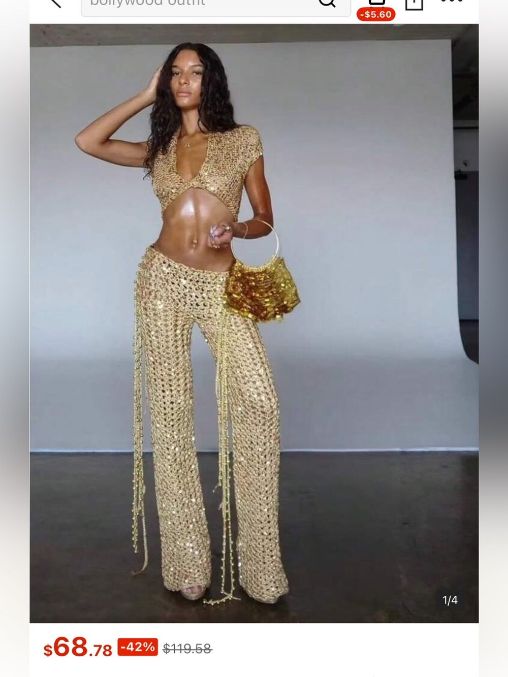 Gold Sequin Crochet Wide-Leg Pants - Sparkle Evening Look